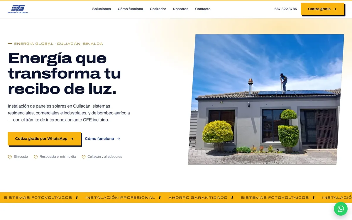 Home de Energía Global con foto real de instalación de paneles solares en un techo