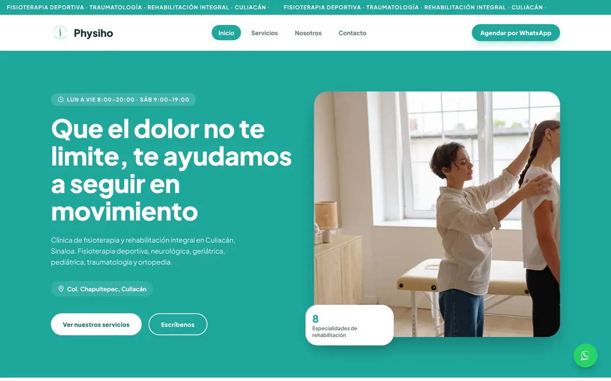 Home de Physiho con foto de una sesión de fisioterapia y franja de horario